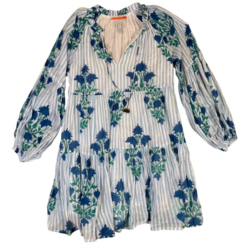 Oliphant Blue White Striped Floral Cotton Tiered Mini Dress Med Balloon Sleeves